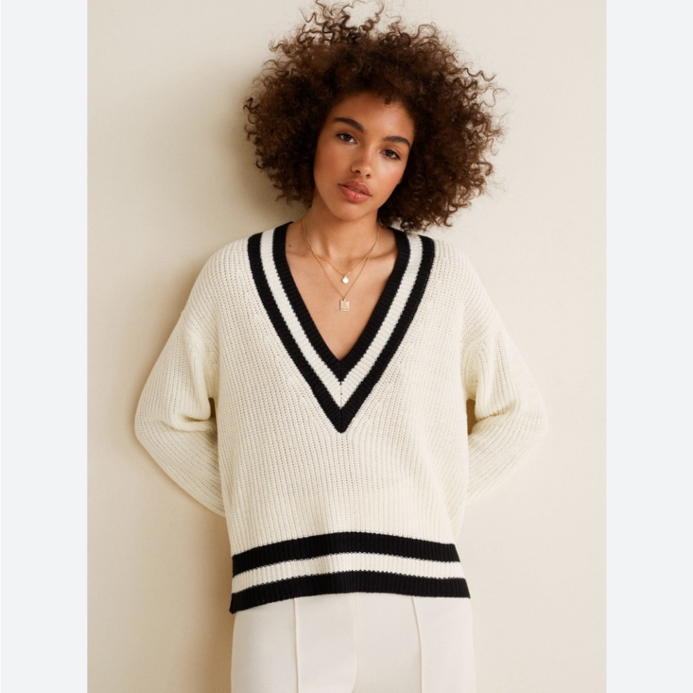 Mango contrast cream and white v-neck sweater